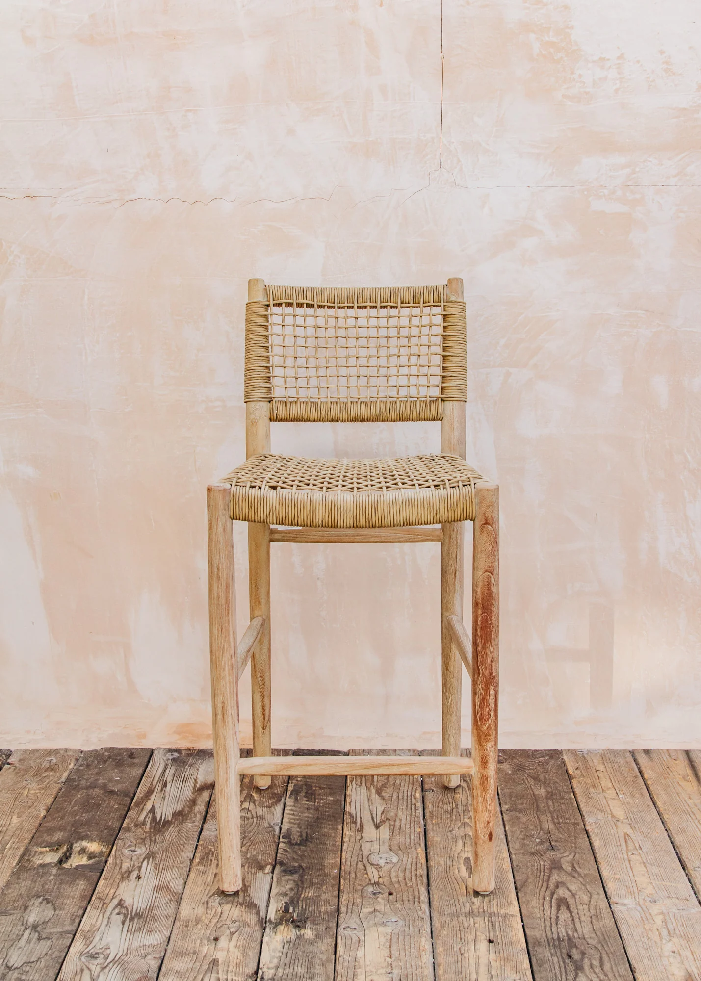 Mieke Teak Bar Chair in Natural Grey and Sand Wicker with Bouclé Cushion - Image 2