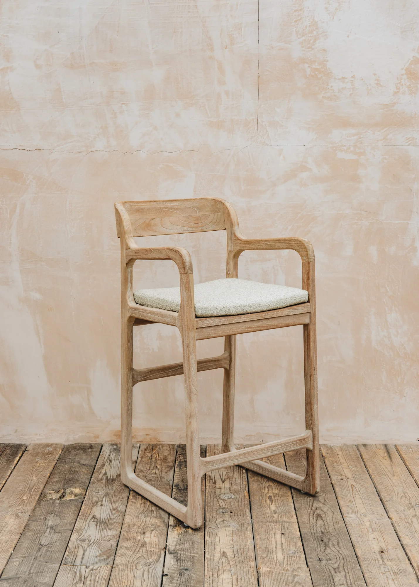 Sally Teak Bar Chair in Natural Grey with Bouclé Cushion - Image 3
